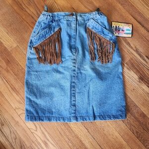 Vintage Denim Skirt with Leather Fringe – Western Boho Statement Piece